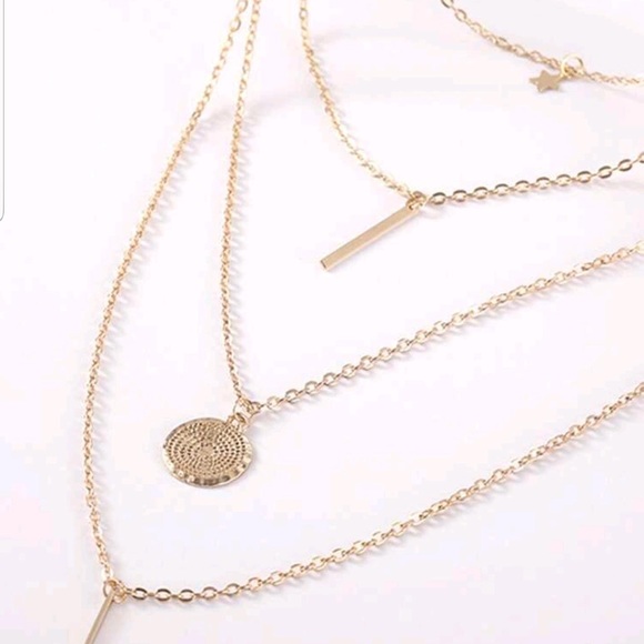 Gold Multilayered Minimalist Necklace, Star, Statement, Four Layers, Boho Style - Picture 3 of 6